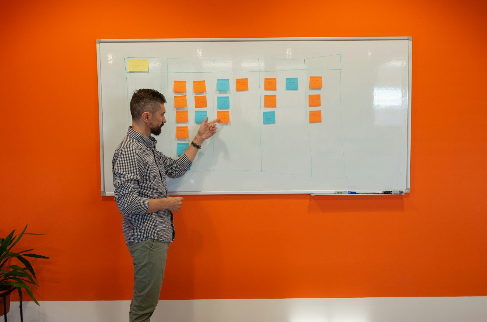 Man leading a team planning session at a whiteboard, representing the transition to manager