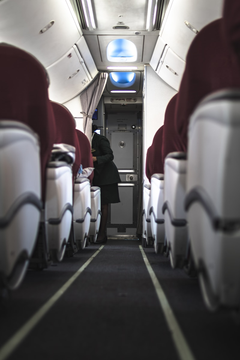 A modern flight attendant assisting passengers in an airplane cabin, contrasting with the original eight flight attendants